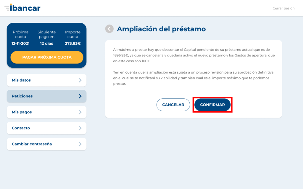 Área de clientes de Ibancar, solicitud de préstamo